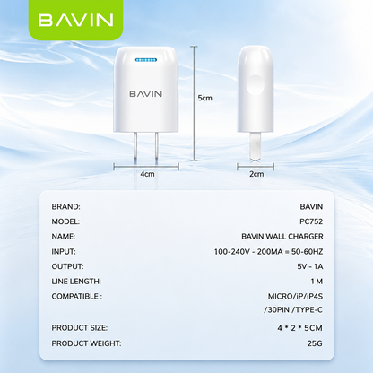 BAVIN PC752 Mini Wall Charger Overcharging Protection Quick Charge w/ USB Cable for Micro/iPhone/Type-C