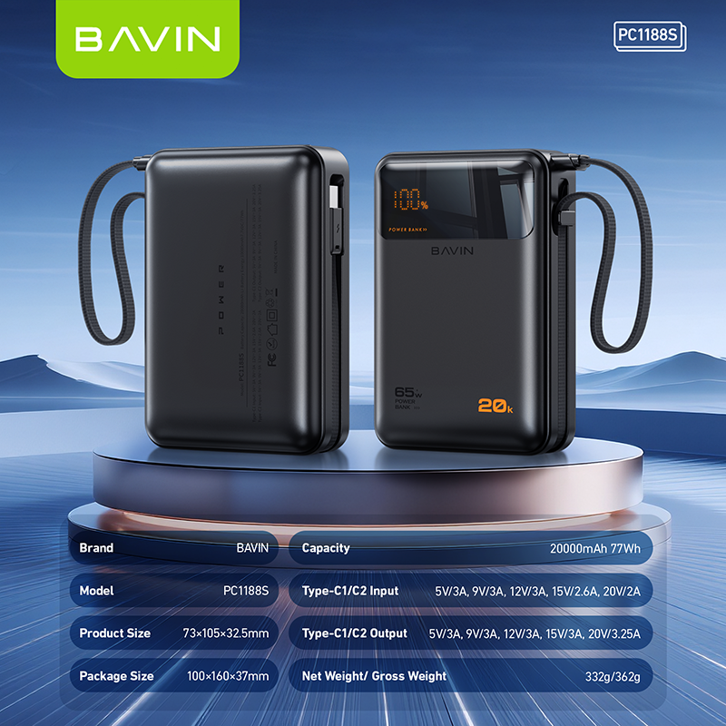 BAVIN Y-PC1188 20000mAh 65W PD Fast Charging Powerbank w/ Built-in Type-C Cable | LED Display Laptop & Mobile Compatible