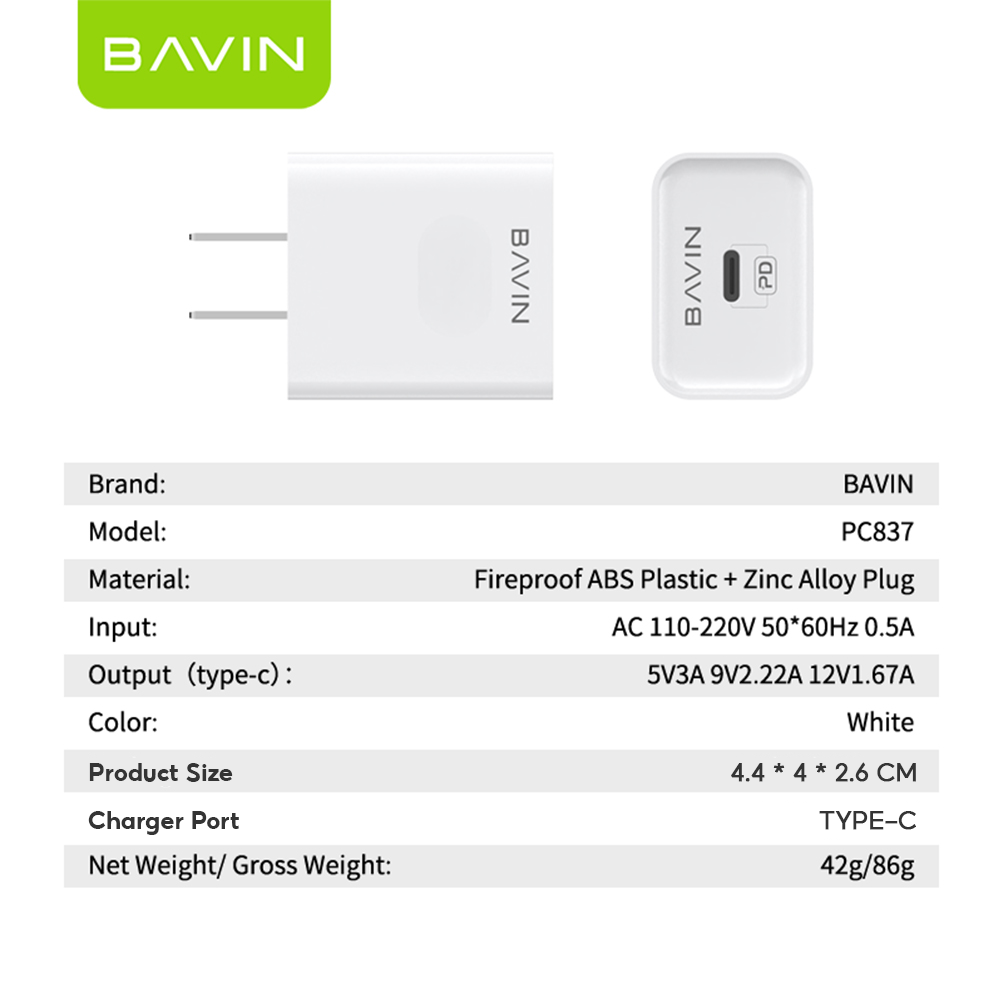 BAVIN PC837 20W PD Type-C Adapter Fast Charging Multi-Protection Charger Widely Compatible for Smartphones