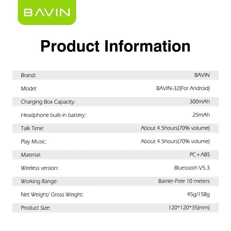BAVIN BA32 TWS Bluetooth Earphones Sports Wireless Earbuds HIFI Stereo Sound for HUAWEI Xiaomi VIVO Android Phones