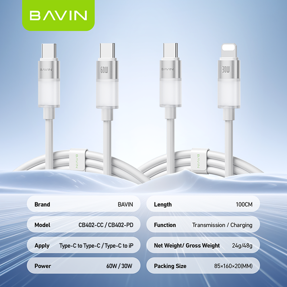 BAVIN CB402 60W/30W PD Fast Charging Liquid Silicone & Data Transfer Cable w/ 1m Type-C to Type-C / Type-C to iPhone