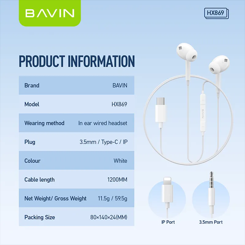 BAVIN HX869 Hi Res Audio Music Wired Earphone Stereo Sounds Widely Compatible for  Type C 3.5mm iPhone