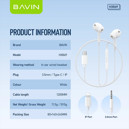 BAVIN HX869 Hi Res Audio Music Wired Earphone Stereo Sounds Widely Compatible for  Type C 3.5mm iPhone