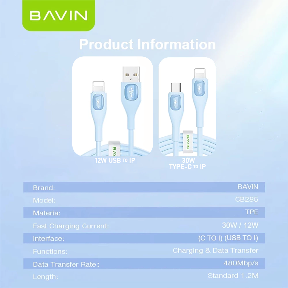 BAVIN U-CB285 PD 30W / 12W Fast Charging Data Cable Widely Compatible w/ iPhone, Type-C to iPh
