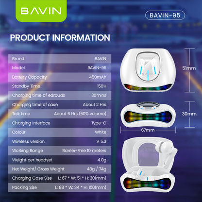 BAVIN HB-BA-95 Bluetooth 5.3 Gaming Earphones | HiFi Sound | ENC Noise Reduction | RGB Lights | 40H Battery Life