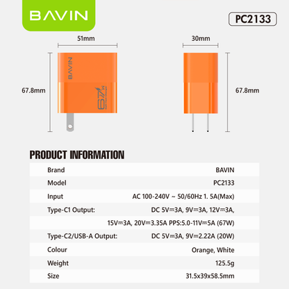 BAVIN PC2133 3in1 67W GaN Fast Charging Charger Dual Type-C + USB Ports w/ 1m Cable for Laptop, Phones