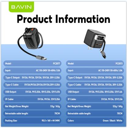 BAVIN PC2077 PD 45W QC 3.0 Portable Fast Charging Adapter w/ 70cm Retractable Cable + Foldable AC Plug for Laptop/Phones