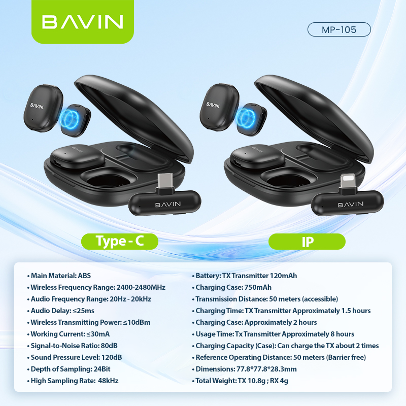 BAVIN MP105 Dual Wireless Microphone 50m Range, Plug & Play w/ 3-Mode Noise Cancellation, Case & LED for Type-C/ iPhone