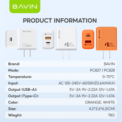 BAVIN PC828 / PC827 20W PD Fast Charging Charger Dual Type-C & USB Port Adapter for iPhone 16 Series