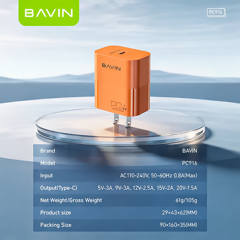 BAVIN PC916 30W PD Fast Charging Wall Charger Compatible for Type-C to Type C & Type-C to iPhone