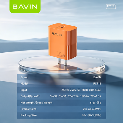 BAVIN PC916 30W PD Fast Charging Wall Charger Compatible for Type-C to Type C & Type-C to iPhone
