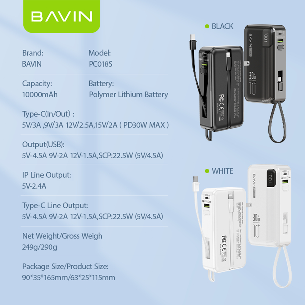 BAVIN PC018 10000mAh 30W Fast Charging Power Bank Built-in Type-C / iPhone Cable & Plug for iPhone 17