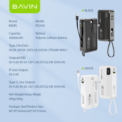 BAVIN PC018 10000mAh 30W Fast Charging Power Bank Built-in Type-C / iPhone Cable & Plug for iPhone 17