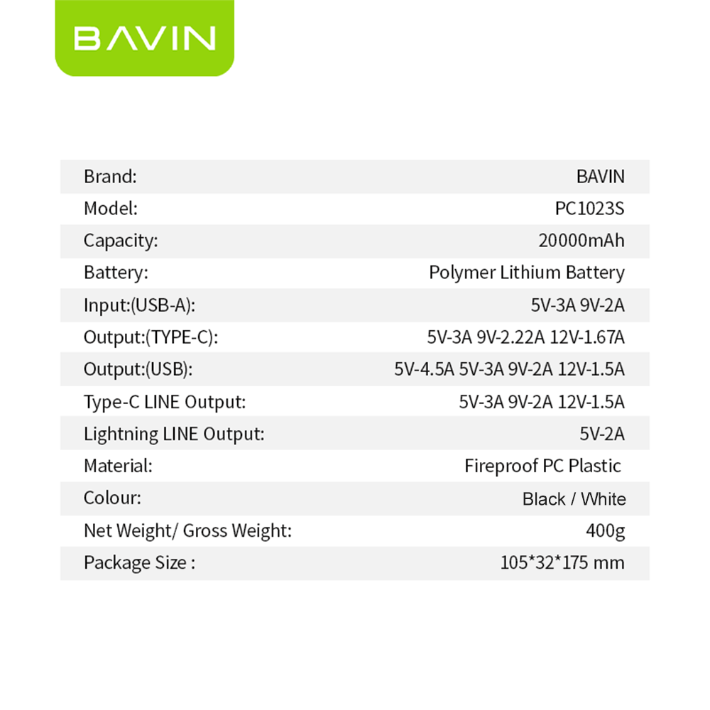 BAVIN PC009 / PC1023 10000-20000mAh 22.5W Fast Charging Powerbank Long Battery & Built-in Cable