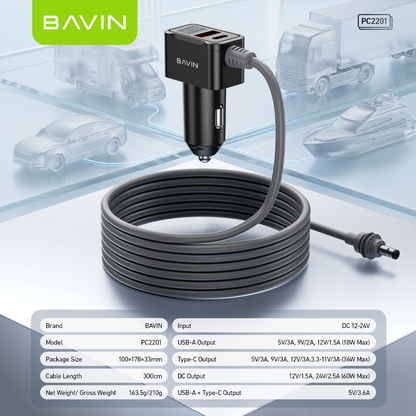 BAVIN PC2201 Starlink Mini 36W PD+QC3.0 Fast DC Power Cable Car Charger w/ Display + Waterproof Outdoor