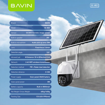 BAVIN SC802 Solar-Powered Outdoor Pan Wireless Security CCTV Camera 5MP HD PTZ Camera w/Weatherproof