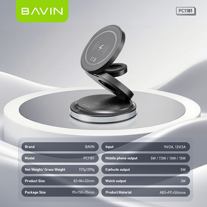 BAVIN PC1181 3in1 Magnetic 15W Wireless Charger Dock for Phone/Watch/Earbuds w/ Foldable Stand & LED