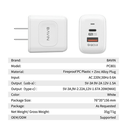 BAVIN C-PC801 20W PD Fast Charger with Dual Port for iPhone 15 Series