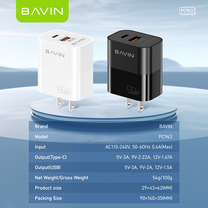 BAVIN C-PC963-PD Fast Charger w/ Dual Type-C & USB QC3.0