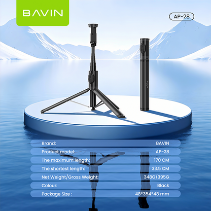 BAVIN P28 Multifunctional Bluetooth Selfie Stick w/ Wireless Remote, Adjustable Phone Stand, Portable Travel Tripod for Smartphones
