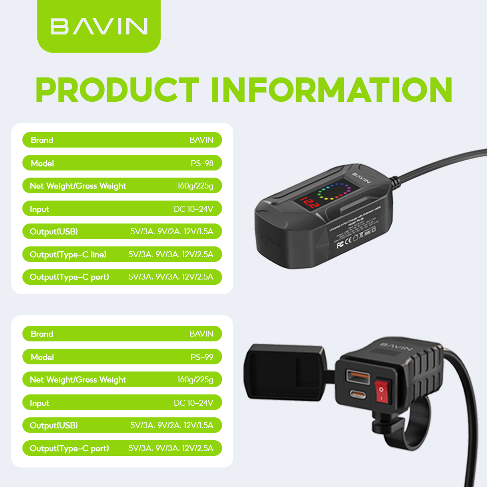 BAVIN PS98 30W Fast Charger for Motorcycles w/ Built-In Retractable Type-C Cable & USB + Type-C Port