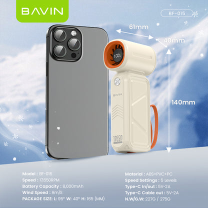 BAVIN BF-015 2-in-1 Handheld Mini Turbo Fan 17650RPM Rechargeable & 8000mAh Powerbank w/ 5-Speed Adjustable, LED Display