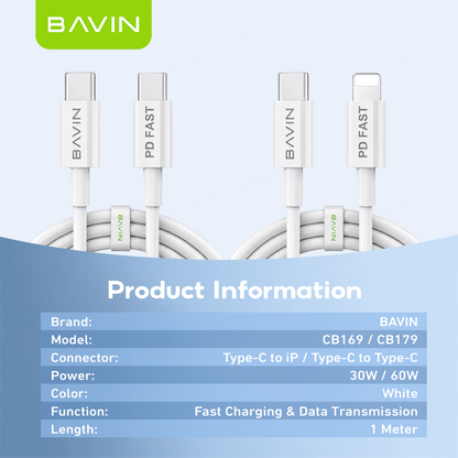 BAVIN CB169 / CB179 60W Fast Charging Data Cable Type-C to iPhone & Type-C to Type-C Cord for iPhone 17