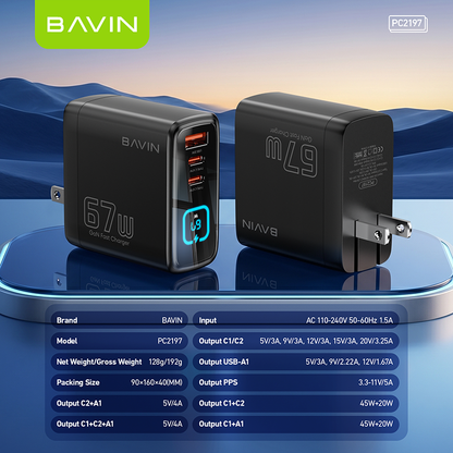 BAVIN PC2197 67W PD GaN Fast Charger w/ Smart LED Display + Foldable Plug + 3 USB Ports for Laptop, iPhone 17