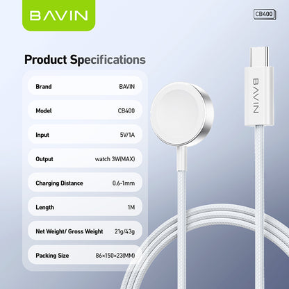 BAVIN U-CB400 3W Magnetic Wireless Charger w/ Smart Chip & Type-C Cable Compatible for iPh Watch Series 1–10/SE/Ultra