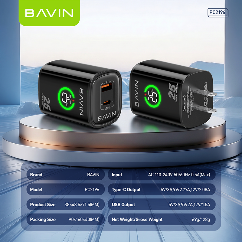 BAVIN PC2196 PD 25W+QC 3.0 Fast Charging Wall Charger Dual Ports w/ LED Display+ iPhone/Type-C Cable