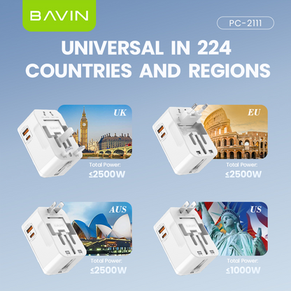 BAVIN PC2111 Universal Travel Adapter 20W Fast Charger USB-A + Type-C + QC | Multi-Port Plug w/LED Light