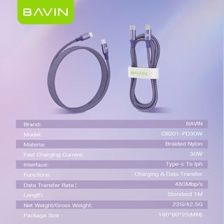BAVIN U-CB201-XX 60W / 30W /18W / 12W Fast Charging Data Cable Nylon Braided Wire for iPh 16 Series