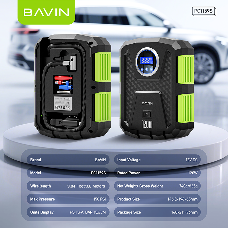 BAVIN Z-PC1159 12V Portable Digital Tire Inflator w/ 150 PSI High Speed Air Compressor for Car, Motor, Bike & Sports Balls