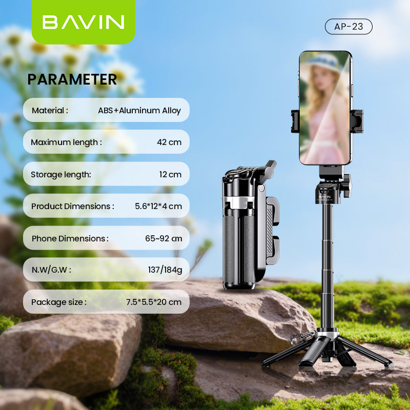 BAVIN D-Z-P23 3in1 Mini Selfie Stick w/ Tripod Bluetooth 42cm Portable & Compact 360° Rotation & Wireless Camera Shutter