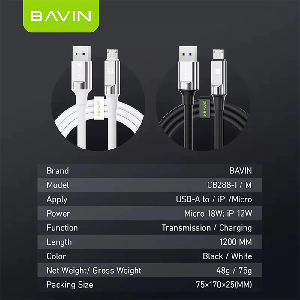 BAVIN CB288 18W PD Fast Charging Soft Silicone Thick Wire Data Cable Compatible for Smartphones