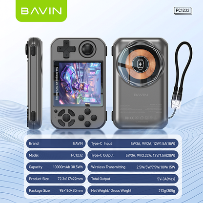 BAVIN PC1232 2in1 10000mAh Portable Game Console Magnetic Powerbank 15W w/ Dual Type-C Cable + TF Card