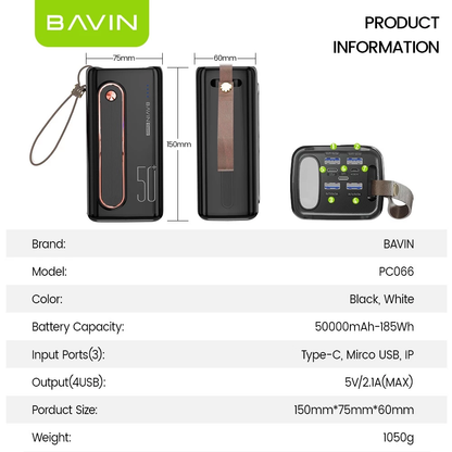 BAVIN PC066 50000mAh Powerbank Charging Type-C Micro iPhone Input & 4 USB Output w/ LED Light PowerBank