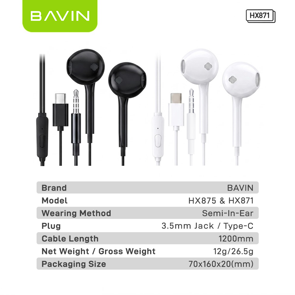 BAVIN HX871 / HX875 Hi-Fi Wired Earphone Stereo Sound Quality Music Compatible for 3.5mm / Type-C