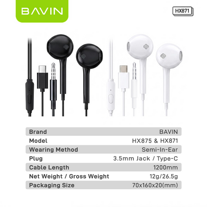 BAVIN HX871 / HX875 Hi-Fi Wired Earphone Stereo Sound Quality Music Compatible for 3.5mm / Type-C