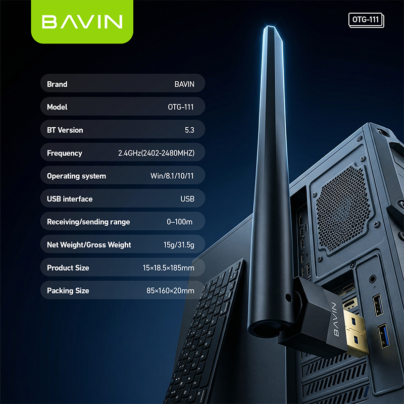 BAVIN O111 USB Bluetooth 100M Dongle Adapter Wireless Range for PC/Speaker/Laptops/Mouse/Keyboard/Music Audio Receiver