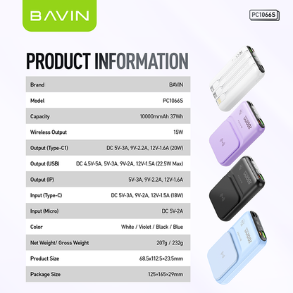 BAVIN PC1066 10000mAh 22.5W Portable Powerbank Fast Charging w/ Built-In Cable & Free Magnetic Ring