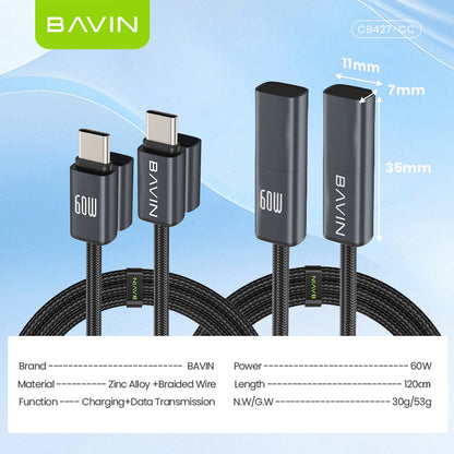 BAVIN CB427 Portable 1m 60W PD Fast Charging Magnetic Type-C Data Cable Braided for iPhone 17, Android