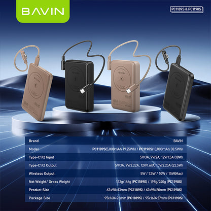 BAVIN Y-PC1189 5000mAh / 10000mAh Portable Magnetic Wireless Powerbank w/ Foldable Stand & 22.5W Fast Charging Data Cable
