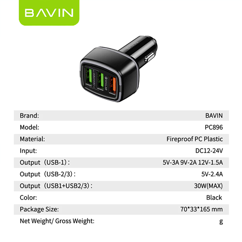 BAVIN PC896 Car Charger Multiple 3 Ports 18W & 12W Ultra Fast Charging USB QC3.0 Cell Phone Quick Charger Adapter