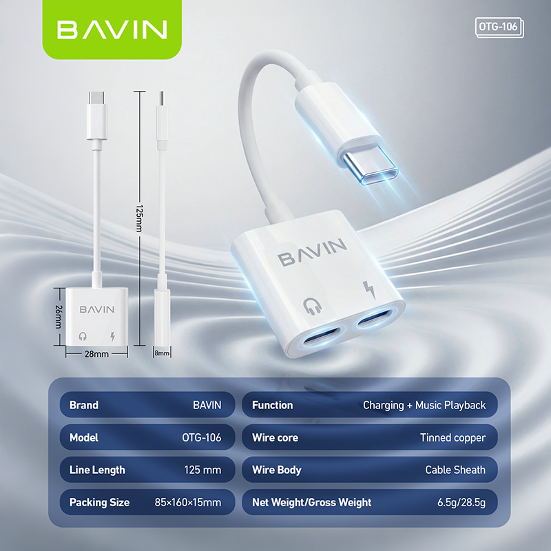 BAVIN O106 Hi-Fi Audio & Charging 2-in-1 Type-C to Dual Type-C OTG Adapter for Phones, Tablet & Laptop