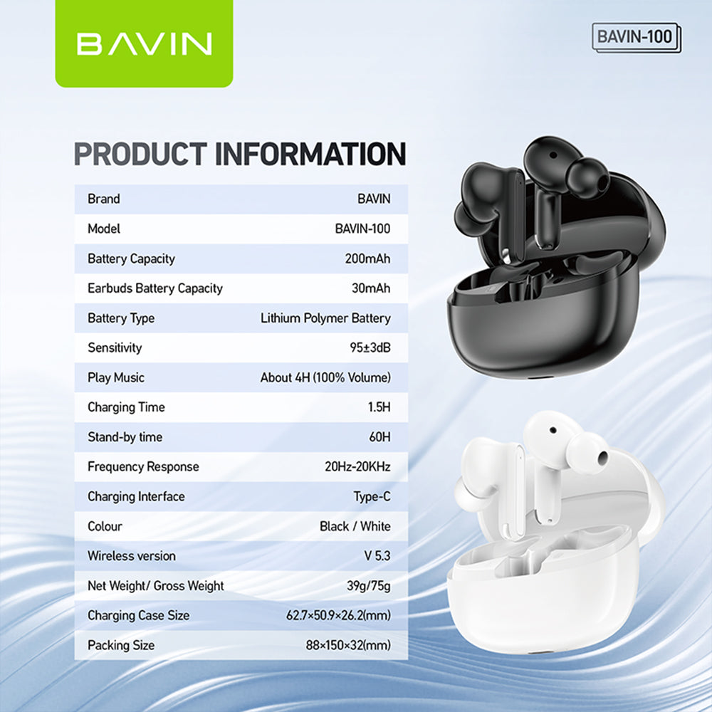 BAVIN HB-BA-100 Wireless Earbuds Bluetooth Hi-Res Audio w/ Touch Control & Mic/ Type-C 4H Playtime Earphones