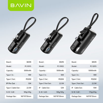 BAVIN PC1091S 5000mAh / PC1201S 10000mAh Mini Fast Charging Powerbank 22.5W USB-C Input/Output, Built-in Cable & Stand