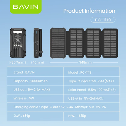 BAVIN PC1119 20000mAh Solar Charging Powerbank Built-In Cable Wireless Charging w/ Waterproof