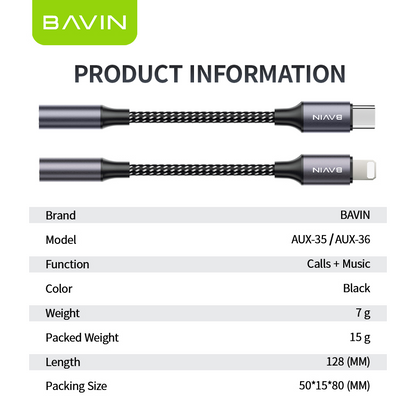 BAVIN AUX35 / AUX36 Earphone Adapter iPhone to 3.5mm & Type-C to 3.5mm | Fast Audio, Music & Calls (Bluetooth Required)