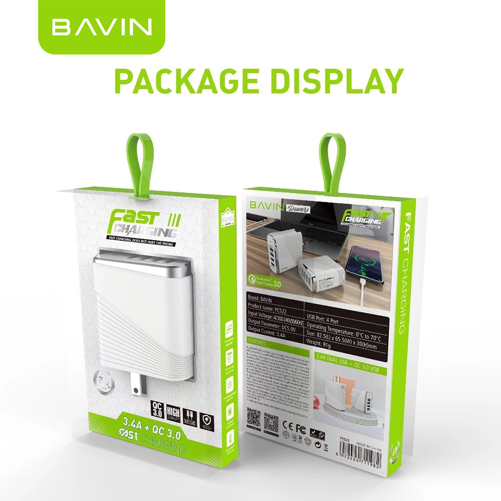 BAVIN C-PC522 18W QC 3.0 Fast Charging Multi-Port USB Wall Charger Adapter for iP & Android Devices